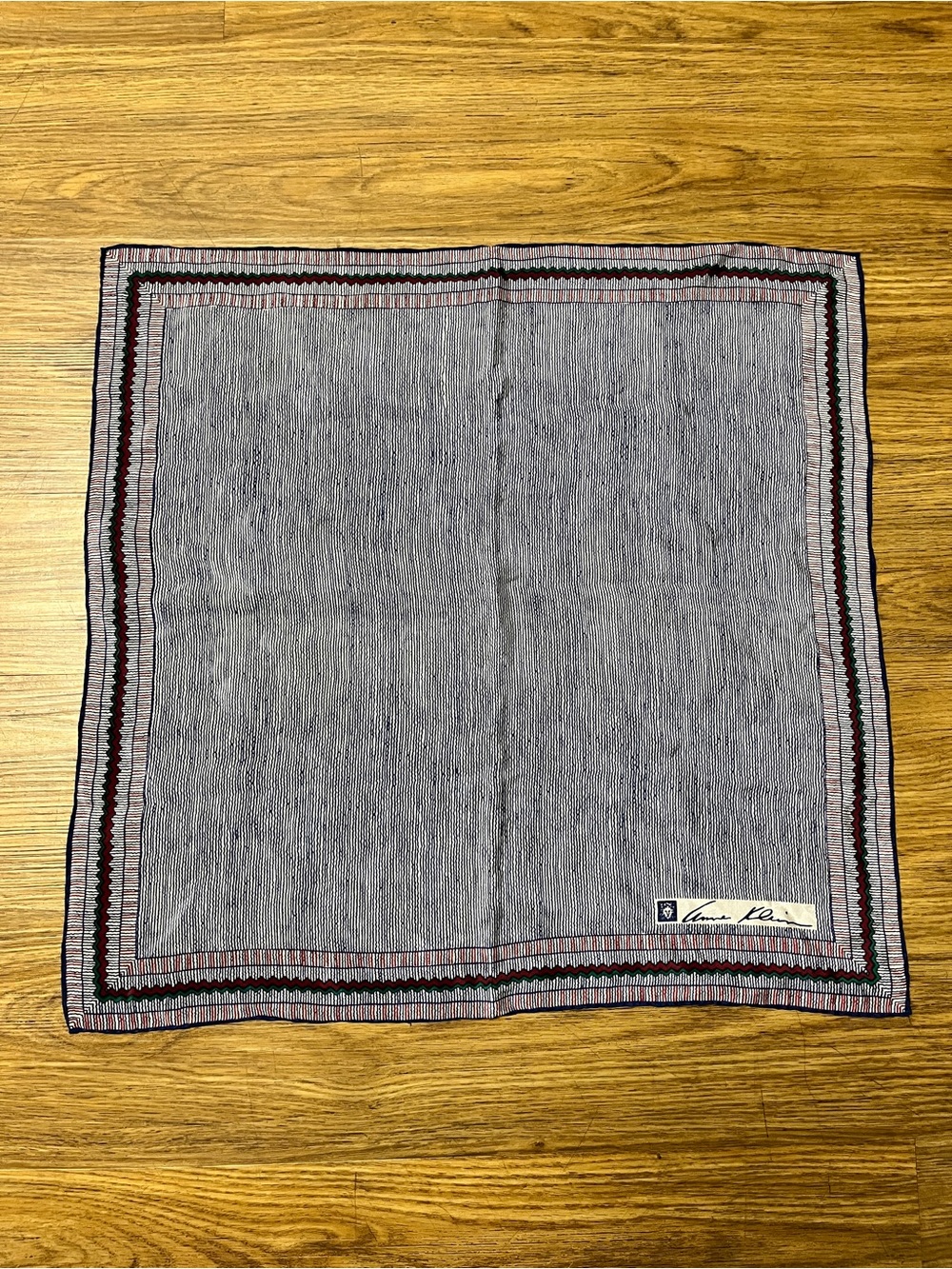 Vintage 90s Anne Klein Silk Scarf Black & White Pinstripe with Red/Green Border